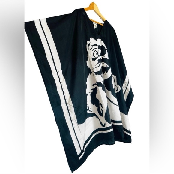 Floral Black & White Short Kaftan Tunic Kimono Cover Up Shirt Dress - Picture 11 of 12